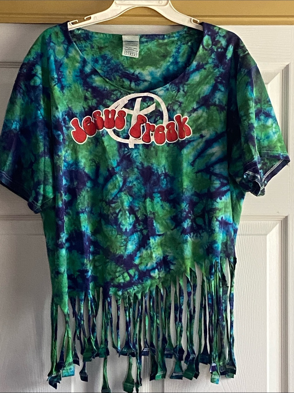 Delta Pro Weight size Large Tie-Dye Fringe T-Shirt with 'Jesus Freak' Graphic